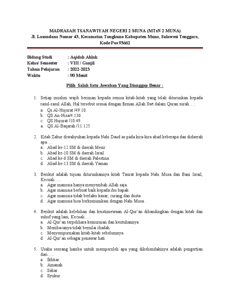 Contoh soal akidah akhlak kelas 2 mi semester 1 Contoh soal akidah akhlak kelas 2 mi semester 1