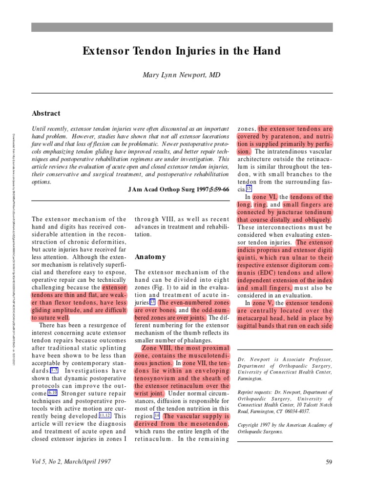 Extensor Tendon Injuries in The Hand JAAOS | PDF | Finger | Hand