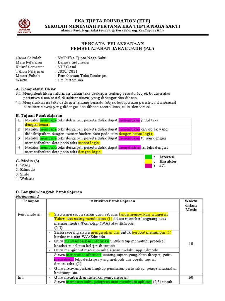 Rencana PJJ Bahasa Indonesia SMP 2021 | PDF | Karier & Perkembangan