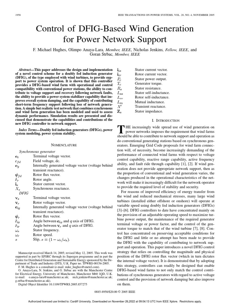 Control of DFIG-based Wind Generation For Power Network Support | PDF ...