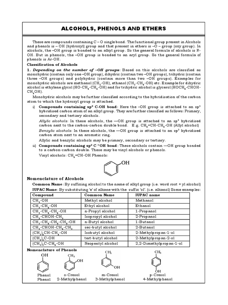 Alcohols, Phenols, and Ethers Overview | PDF | Ether | Aldehyde