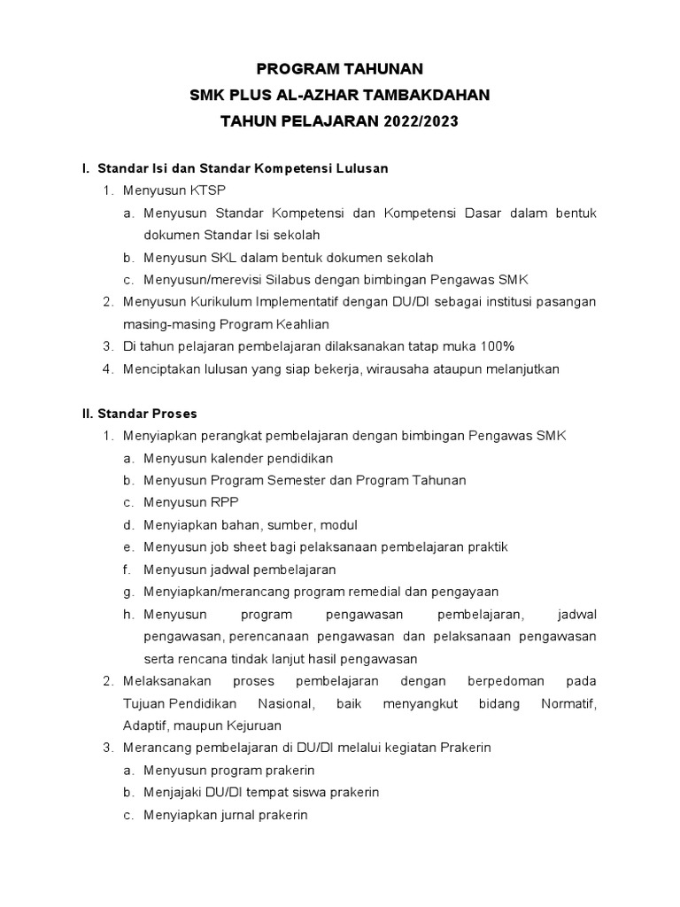 Program Kerja Kepala Sekolah SMK 2022/2023 | PDF