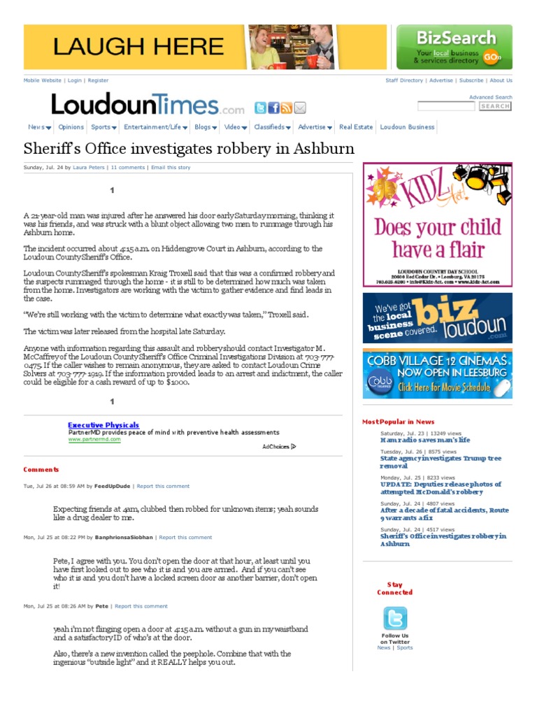 Sheriff's Office Investigates Robbery in Ashburn - LoudounTimes | PDF ...