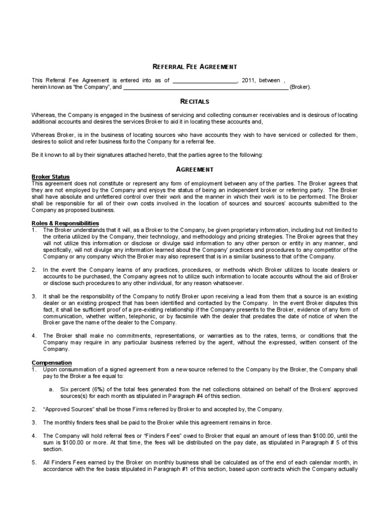 Broker Referral Fee Agreement Indemnity Law Of Agency