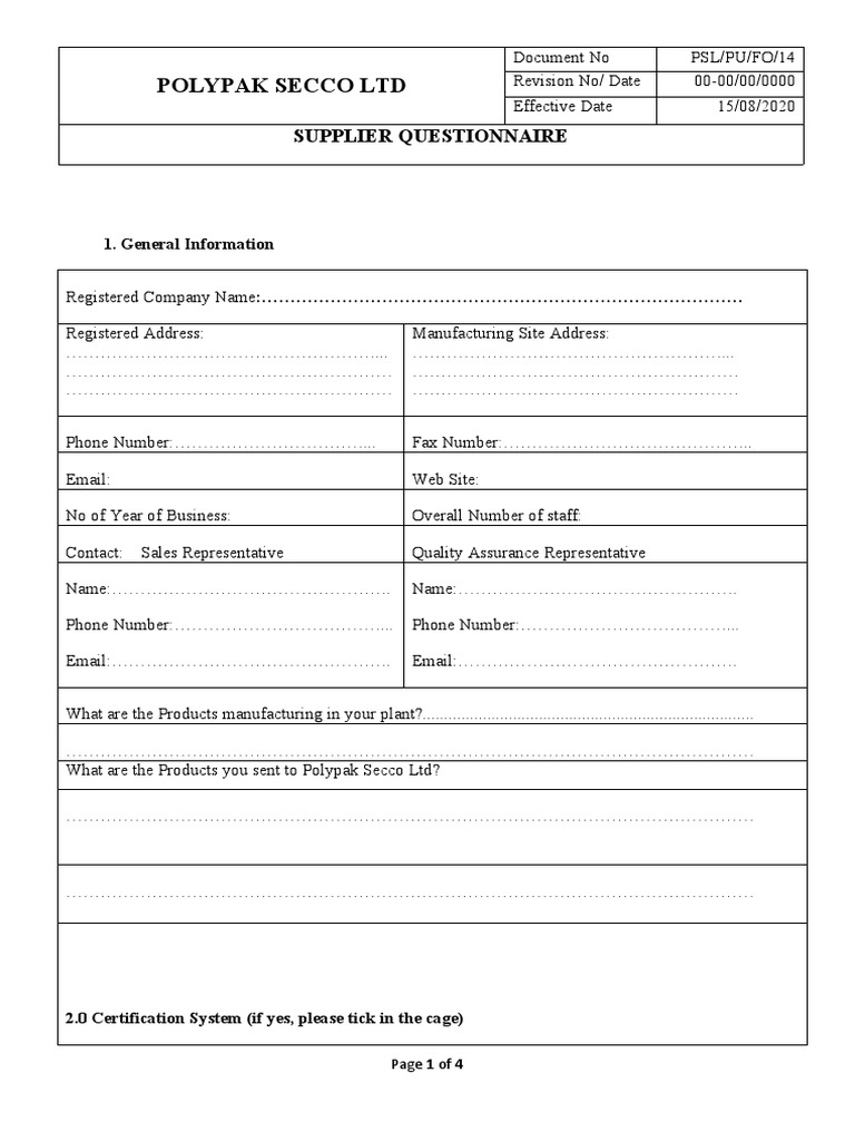 Supplier Questionnaire PDF Business
