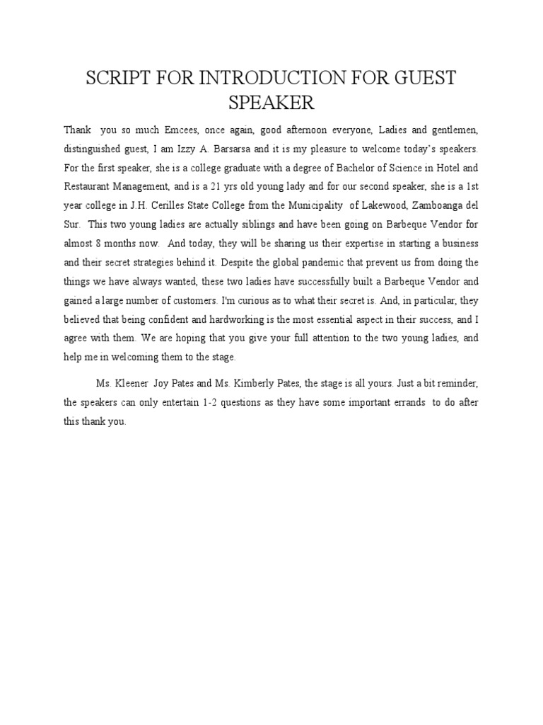 Script For Introduction For Guest Speaker | PDF