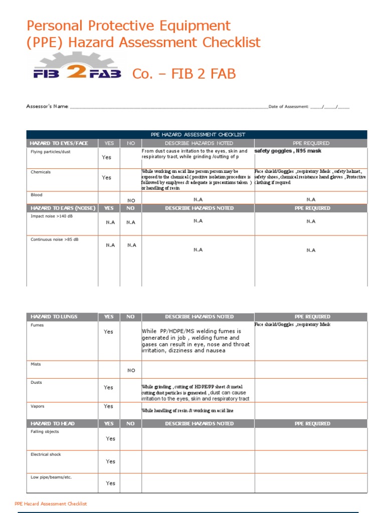PPE Hazard Assessment Checklist | PDF | Personal Protective Equipment ...