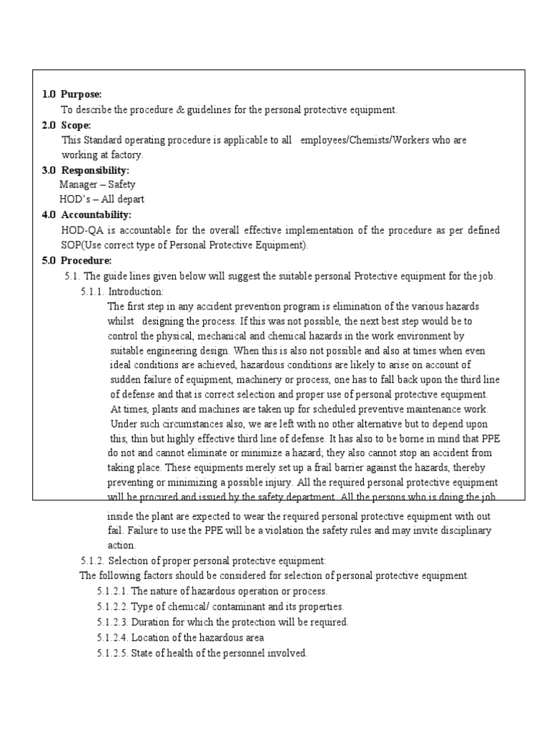 SOP Example Use Correct Type of Personal Protective Equipment PDF