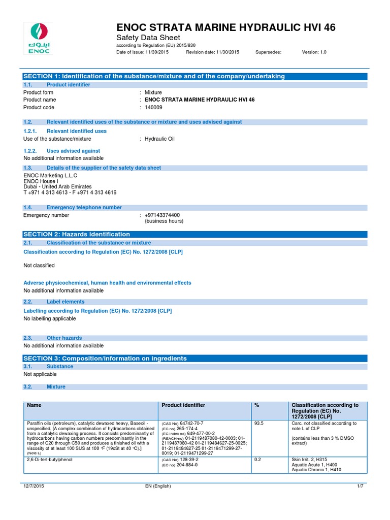 Enoc Strata Marine Hydraulic Hvi 46 PDF Dangerous Goods Firefighting