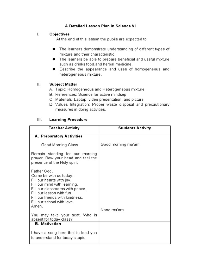 A Detailed Lesson Plan in Grade 6 Science PDF Mixture Filtration
