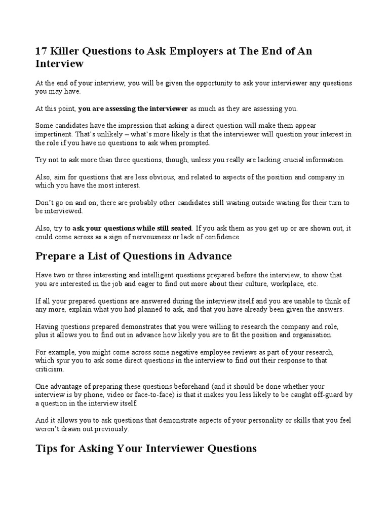17 Killer Questions To Ask Employers at The End of An Interview PDF Employment Question