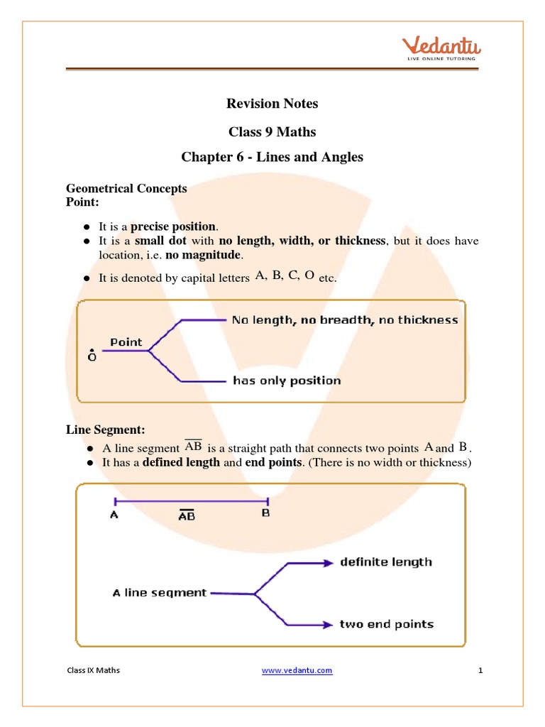 Class 9 Revision Notes Lines and Angles | PDF