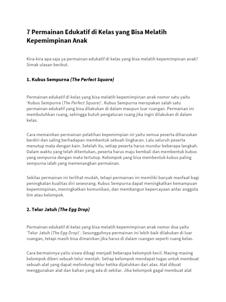 7 Permainan Edukatif Di Kelas Yang Bisa Melatih Kepemimpinan Anak | PDF