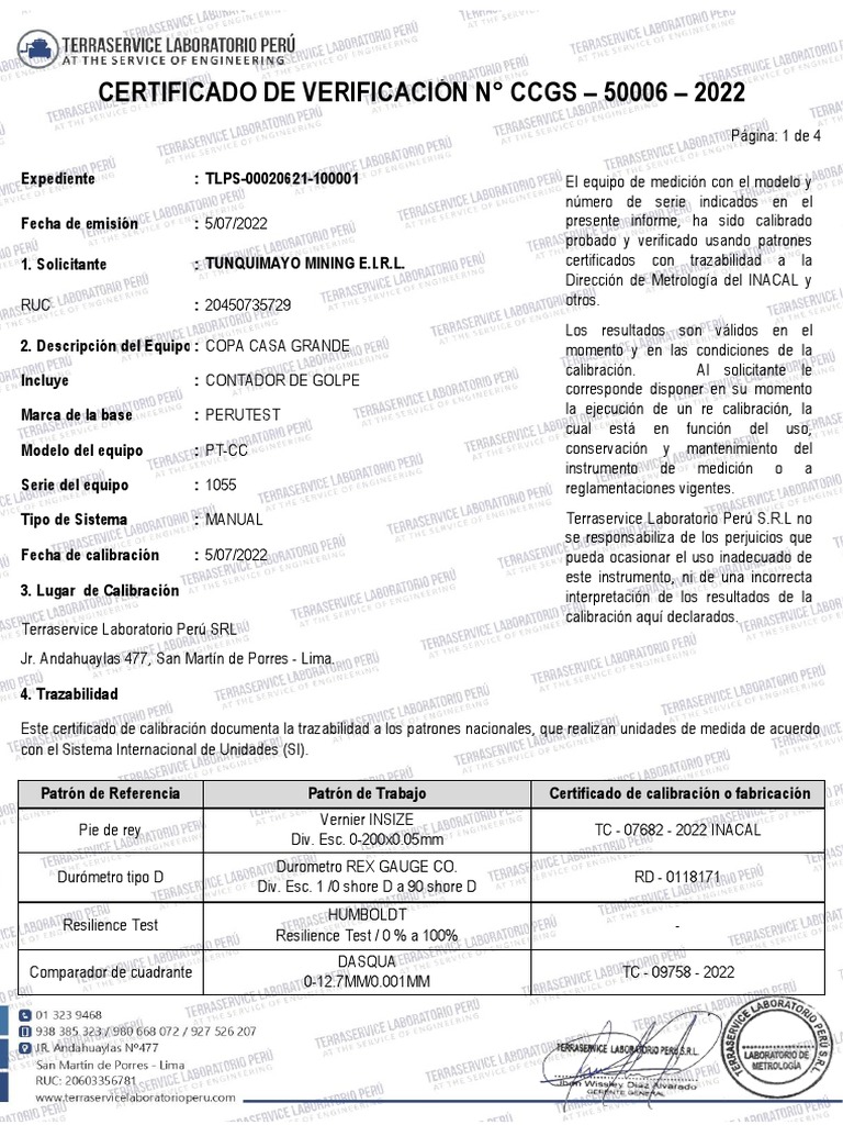 CCGS-50006 Certificado de Verficación COPA CASA GRANDE-TUNQUIMAYO | PDF ...
