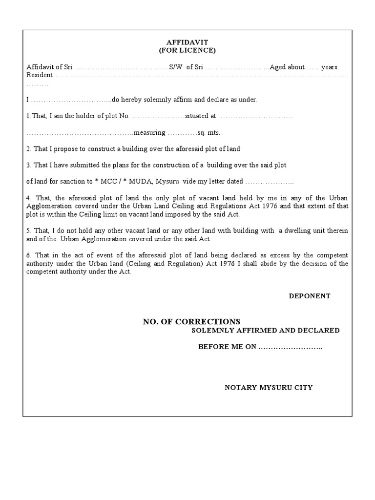 English Affidavit For Building License MCC Format PDF Private Law Justice