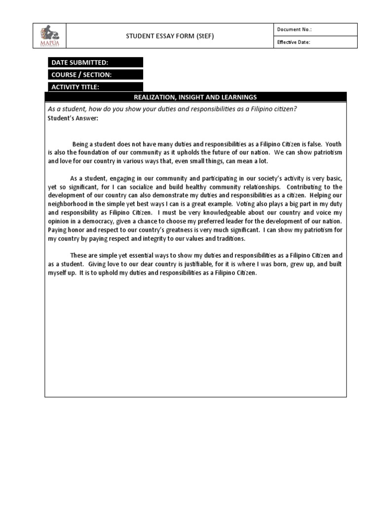 Date Submitted: Course / Section: Activity Title: Realization, Insight ...