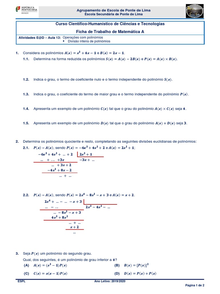 Operações com Polinómios - 10.º Ano | PDF | Divisão (Matemática ...