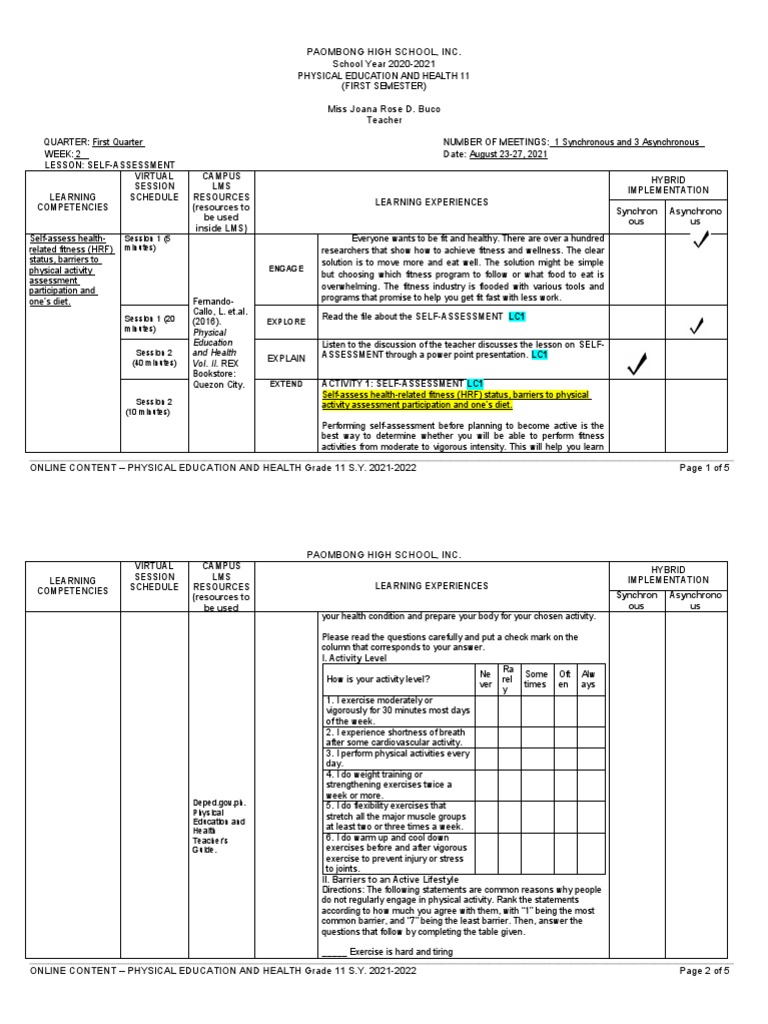 LP - Week 2 - PE and Health 11 | PDF | Foods | Physical Education