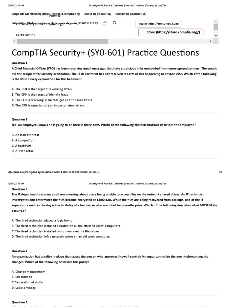 Security+ 601 Practice Questions Sample Questions Training CompTIA PDF