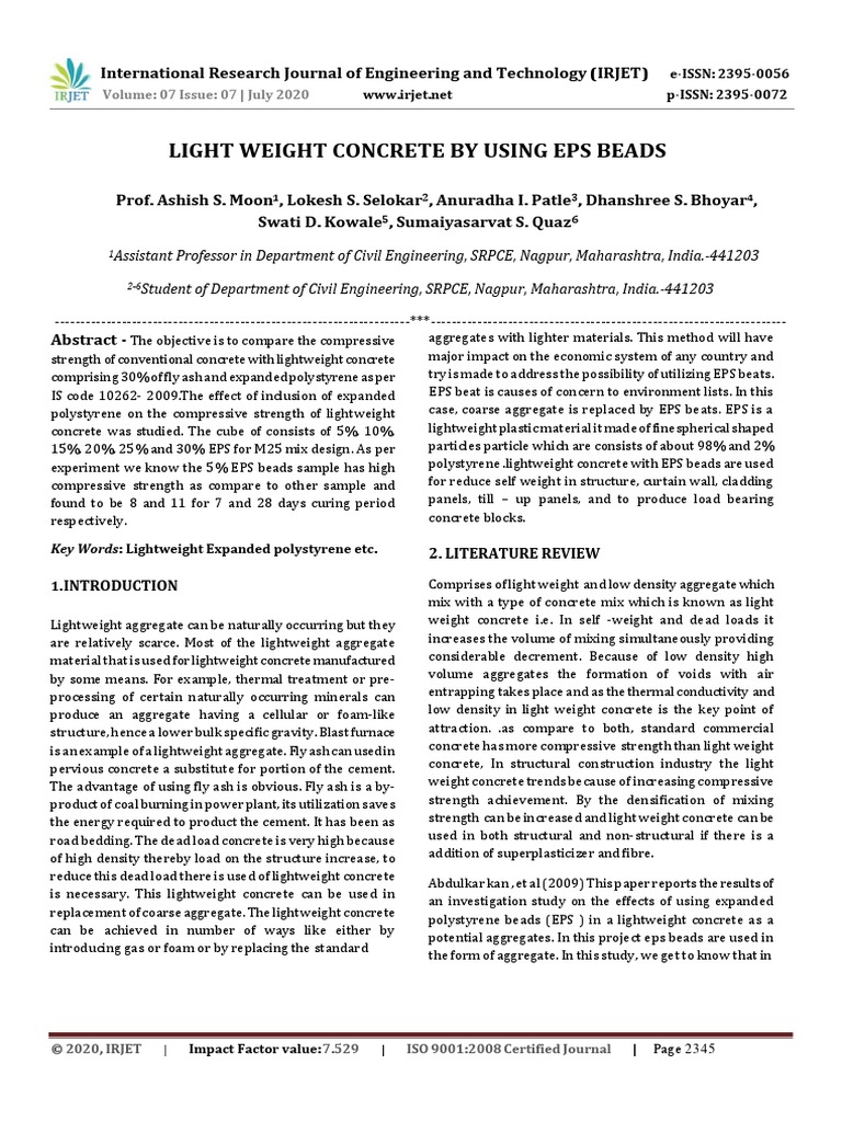 Irjet Light Weight Concrete by Using Eps | PDF