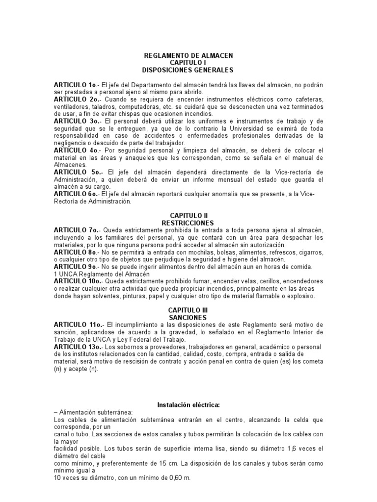 Reglamento de Almacen | PDF | Transformador | Corriente eléctrica