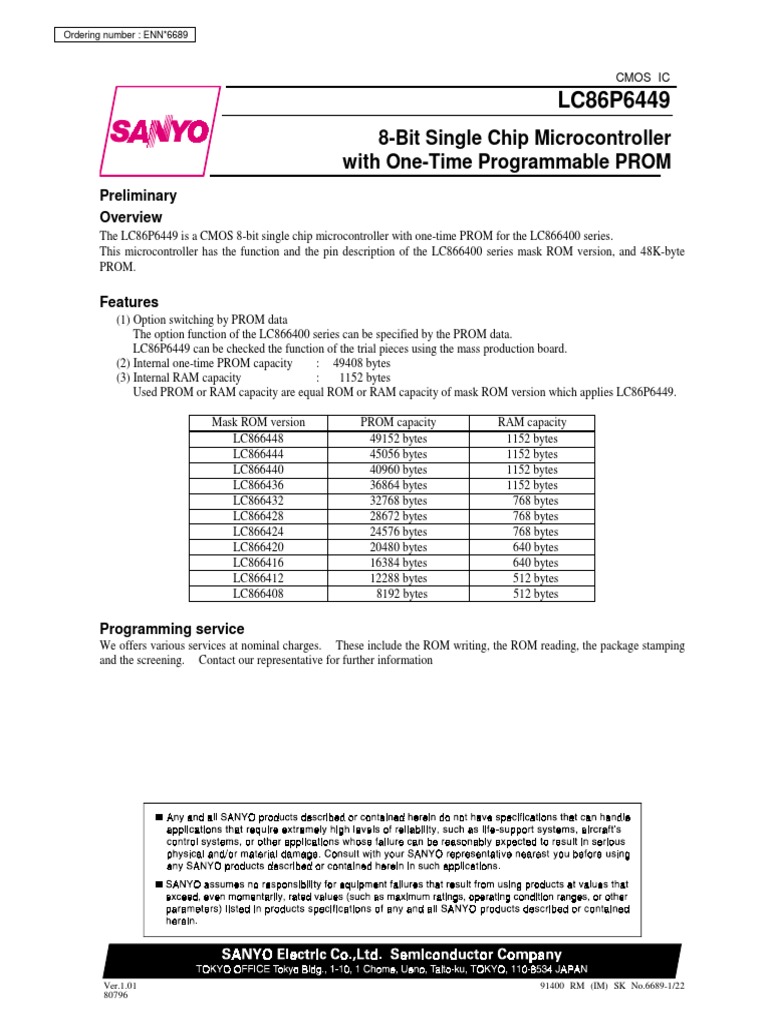 8-Bit CMOS Microcontroller LC86P6449 | PDF | Read Only Memory ...