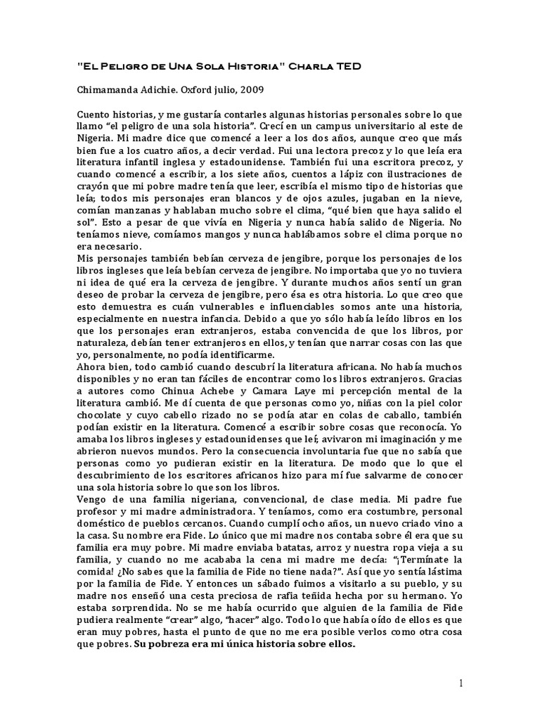 El Peligro de Una Sola Historia PDF Nigeria África