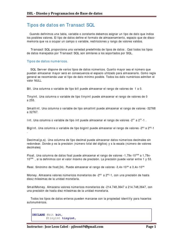 Tipos de Datos en Transact SQL: Una Guía Completa | PDF | Byte | Tipo ...