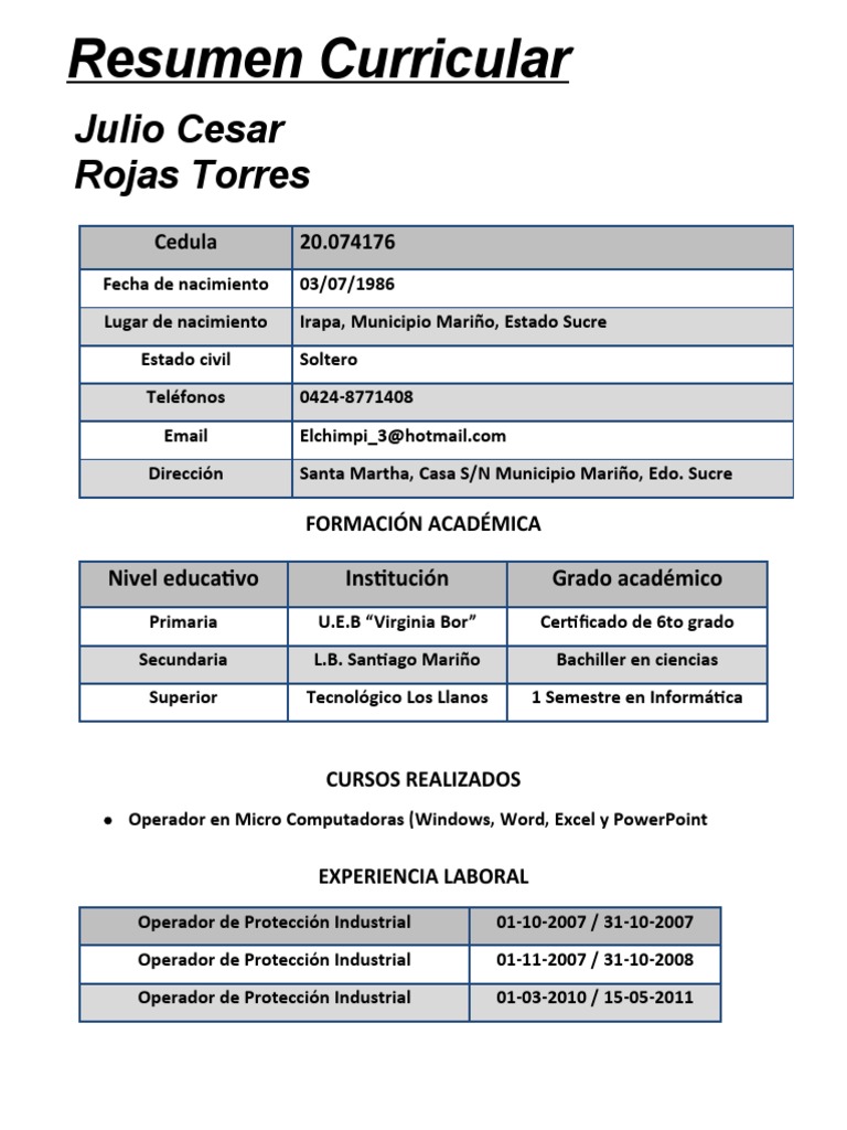 Resumen Curricular de Julio Cesar Rojas | PDF