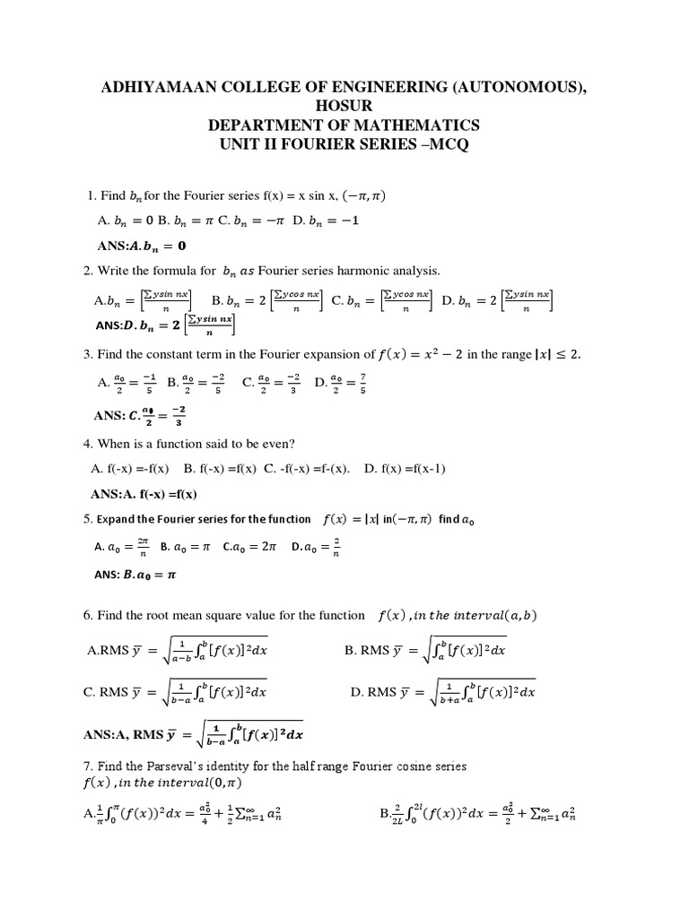 Fourier Series MCQs and Key Concepts | PDF | Fourier Series | Analysis