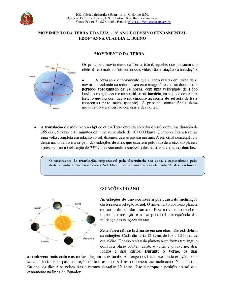 Movimentos da Terra e da Lua no 8º Ano | PDF