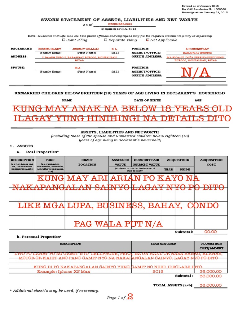 Saln Form Sample PDF Net Worth Economies