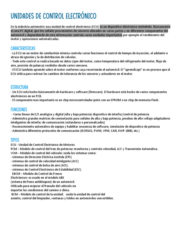 Unidad de Control Electrónico en Automóviles | PDF | Electricidad ...