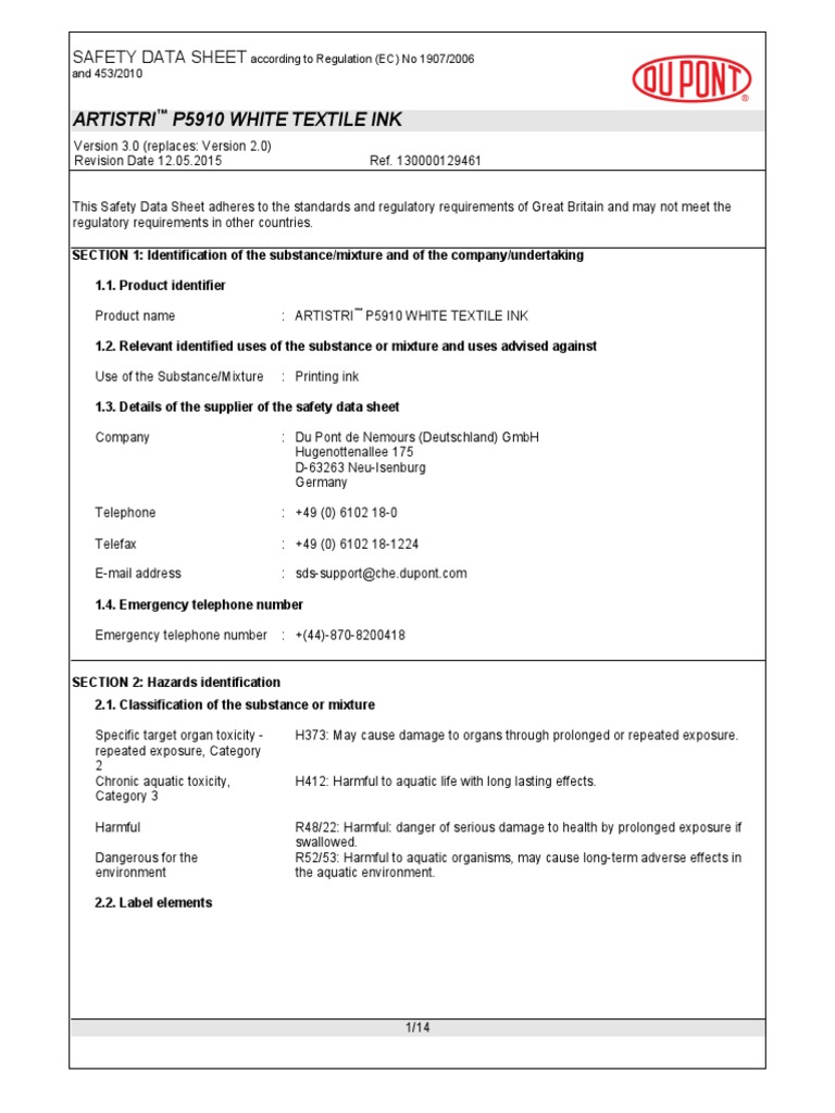 Artistri P5910 White Textile Ink Safety Data Sheet PDF Toxicity