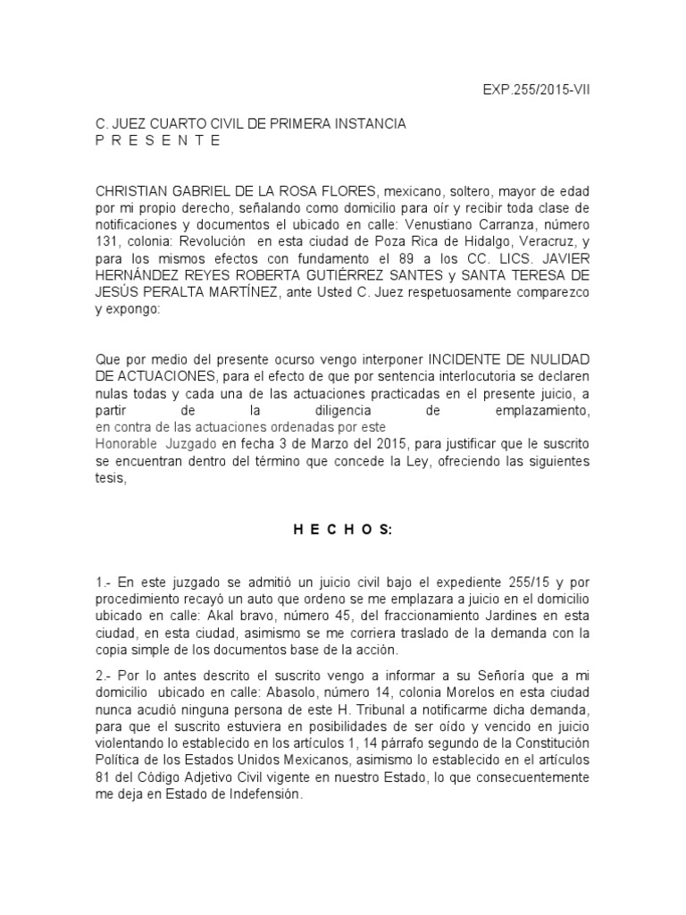 Incidente de nulidad de actuaciones por falta de notificación en juicio
