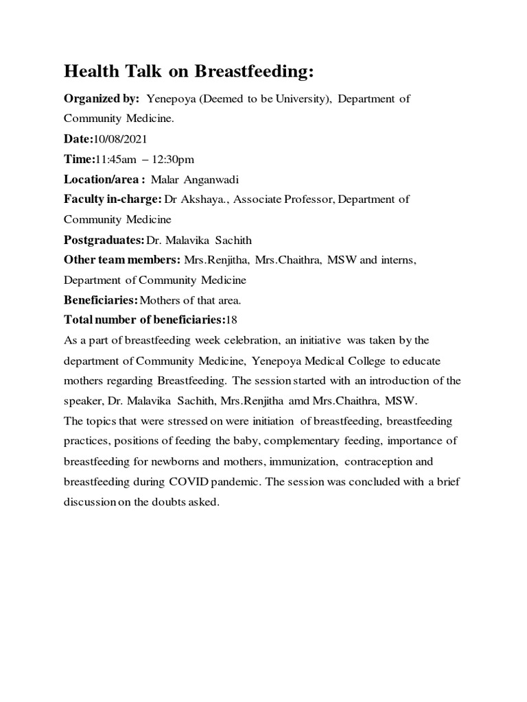 Outreach Activity August 2021 PDF Breastfeeding Physical Examination