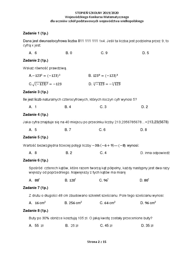 Konkurs Przedmiotowy Z Matematyki Arkusze
