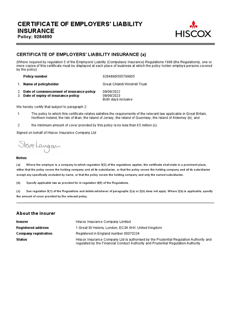 Employers Liability Certificate 003 | PDF | Insurance | Liability Insurance