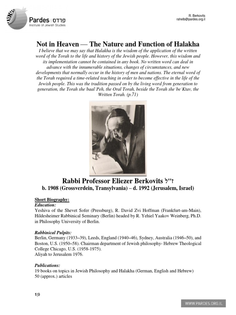 The Living Torah Rabbi Eliezer Berkovits on the Eternal Nature and