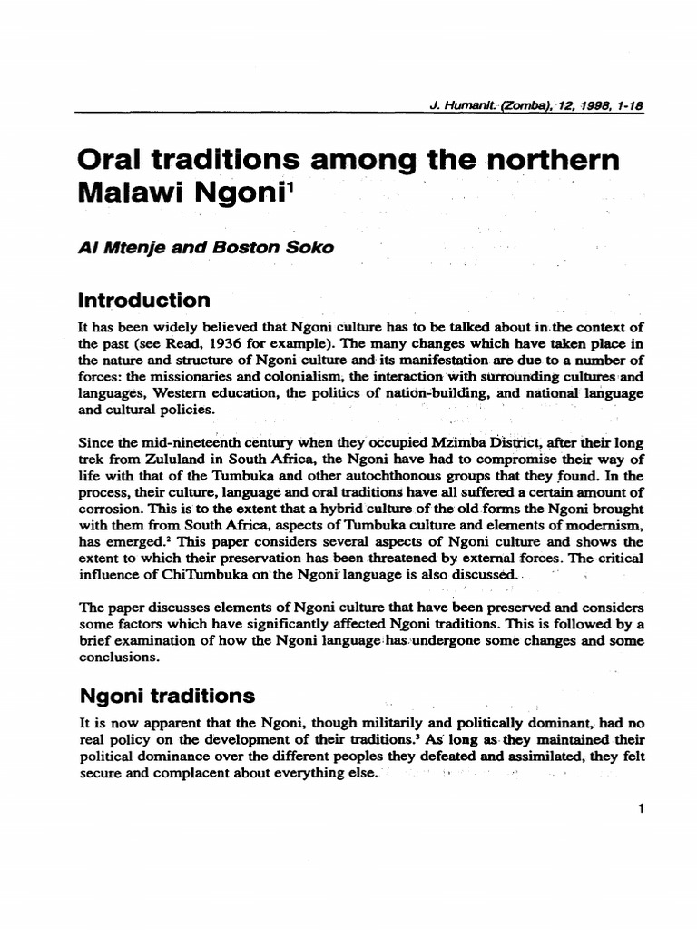 Oral Traditons and Language Among The Ngoni PDF Tone (Linguistics