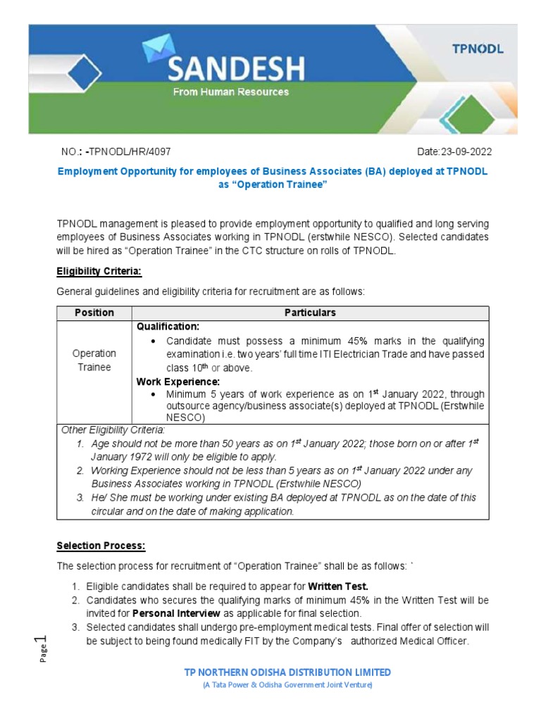 Sandesh - Employment Opportunity For BA Employees - Operation Trainee ...