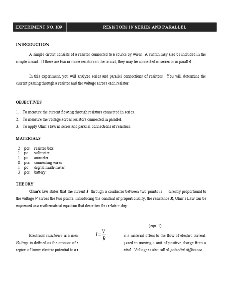 Experiment 109 Resistors in Series and Parallel Online Modified PDF