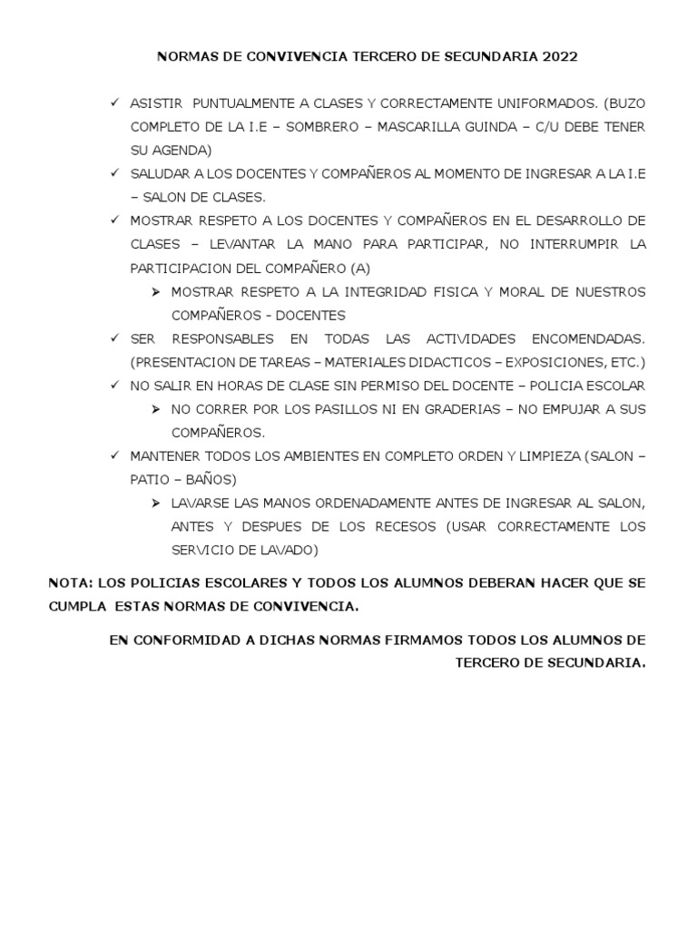 Normas de Convivencia Tercero de Secundaria 2022 | PDF