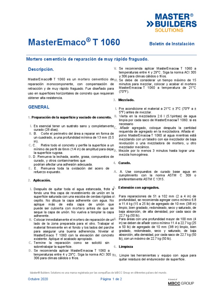 Masteremaco T 1060 - Boletin Instalacion | PDF | Hormigón | Agua