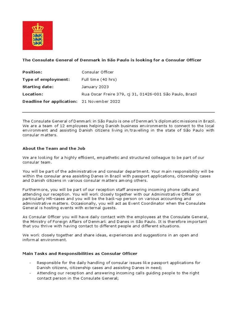 Consular Officer Sao Paulo | PDF | Consul (Representative) | Denmark