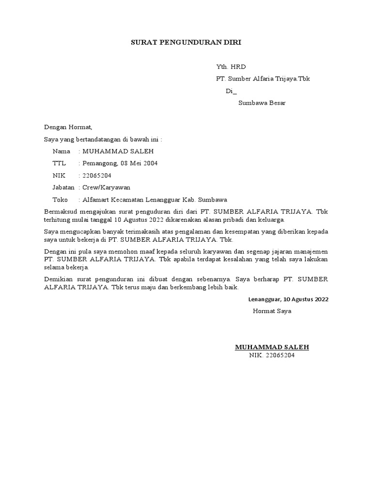 Surat Pengunduran Diri Alfamart | PDF