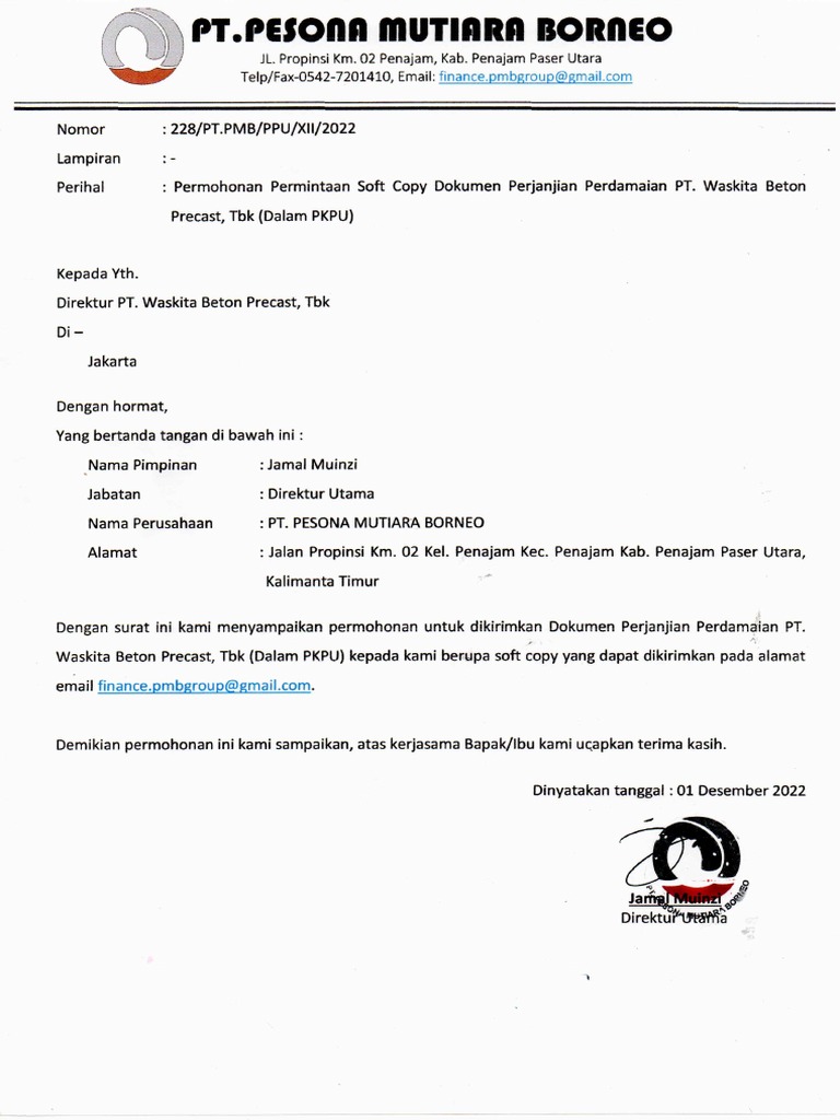 Surat Permohonan Soft Copy Dokumen PT Waskita20221201 - 16050893 | PDF