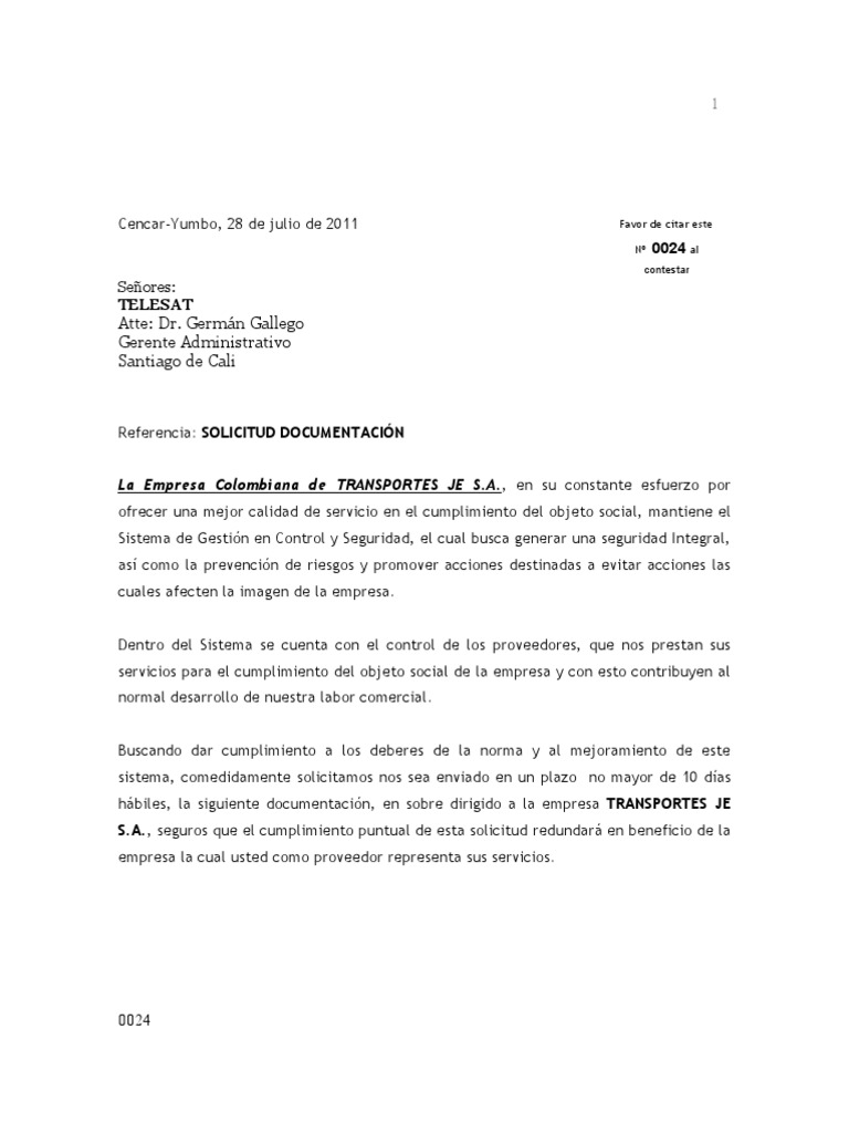 Carta Solicitud Documentos a Los Prove Ed Ores