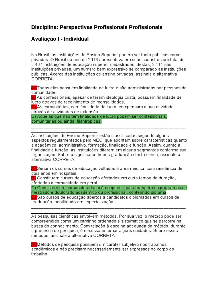 Avaliação I - Individual - Perspectivas Profissionais | PDF | Ensino ...