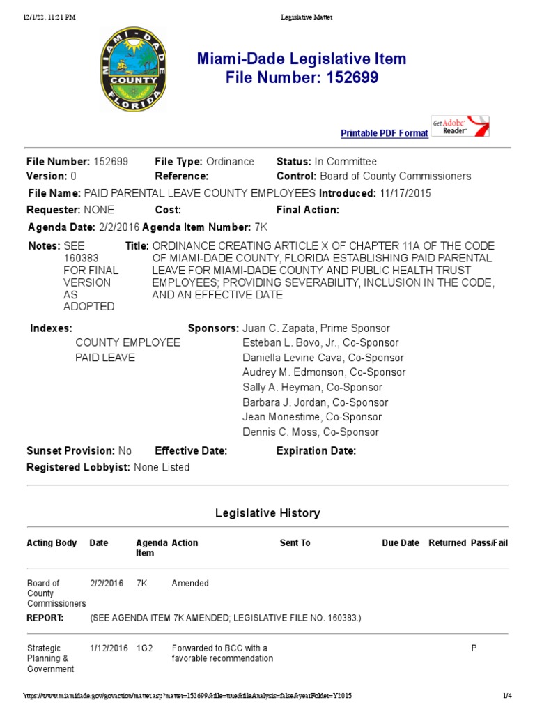 Legislative History and Memo MiamiDade County Paid Parental Leave